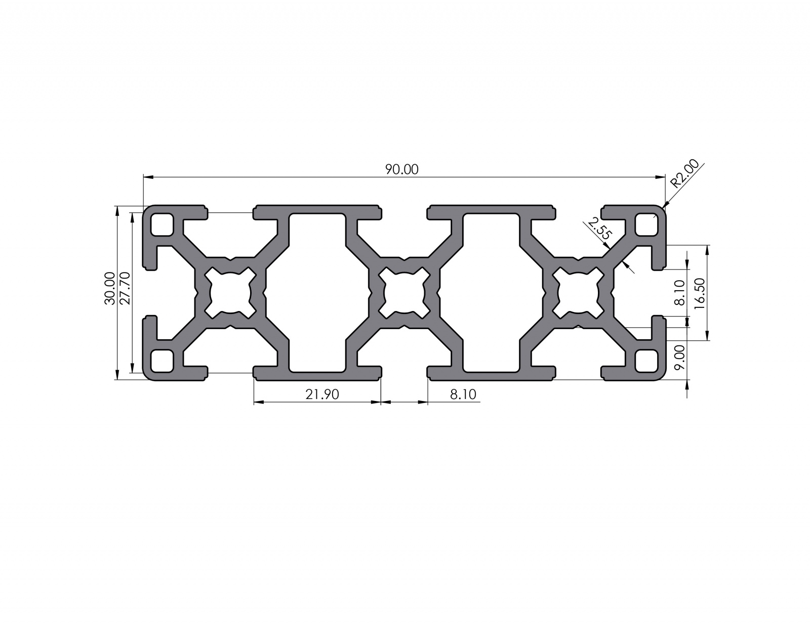 Aluminum profile 90x30 groove 8 B-type